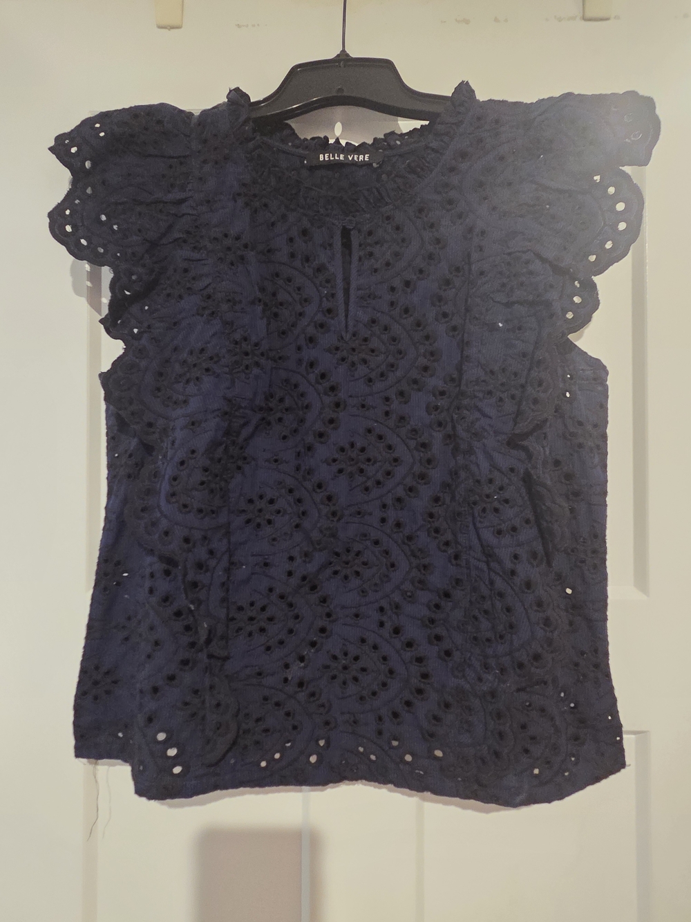 Navy And Black Eyelet Ruffle Sleeve Top